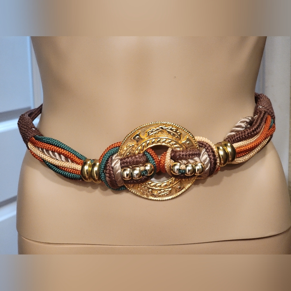 VTG Women's Statement Belt Woven Braided Fabric Cord/Rope Brown/Green/Gold 27"